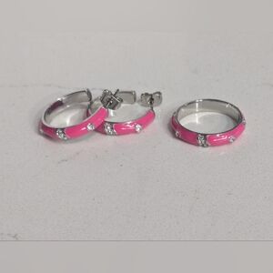 SET, Earrings And Ring, Pink Enamel  With CZ, Hoop Earrings, Ring, Size 7 NWOT